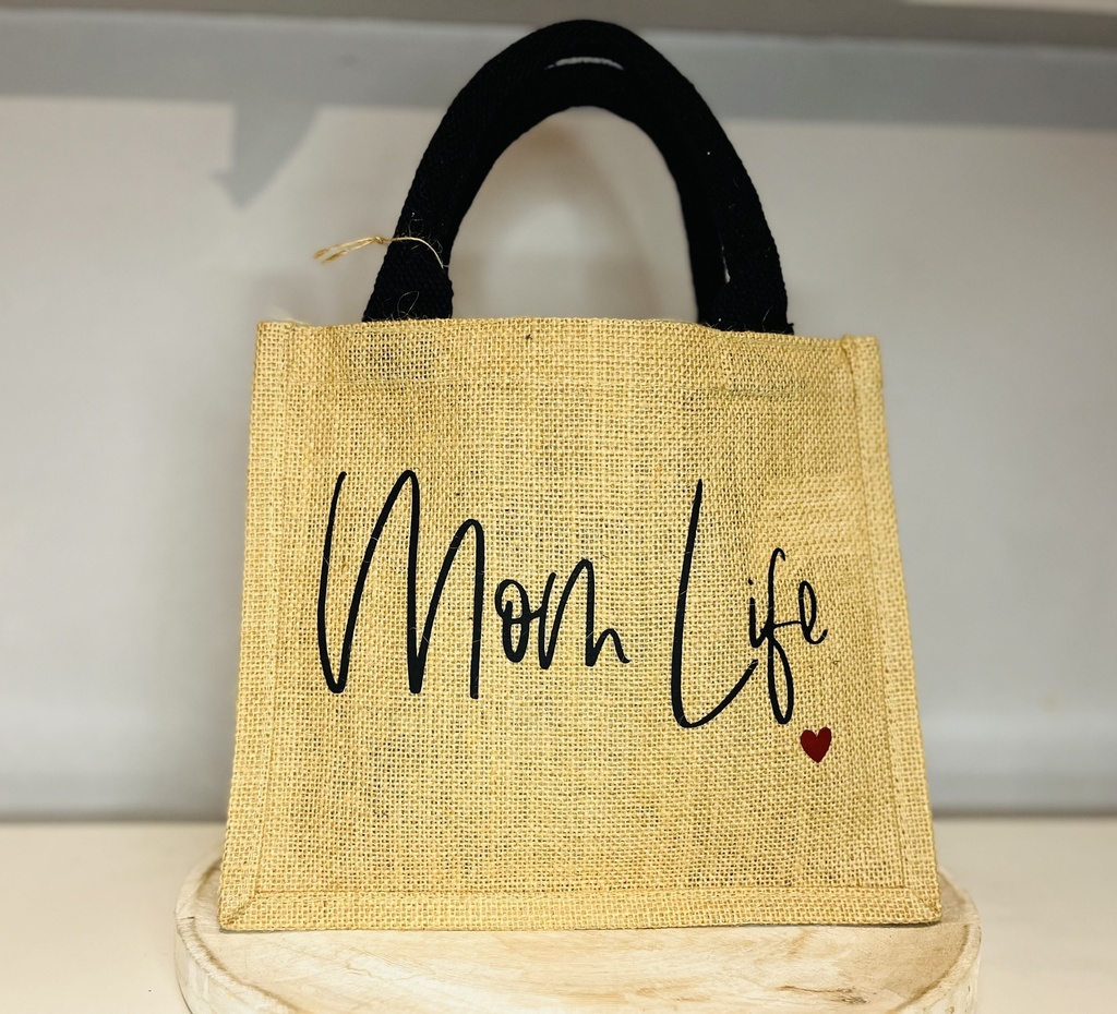 Sac en toile de jute "Mom Life"   (Petit : 26x22x14cm)