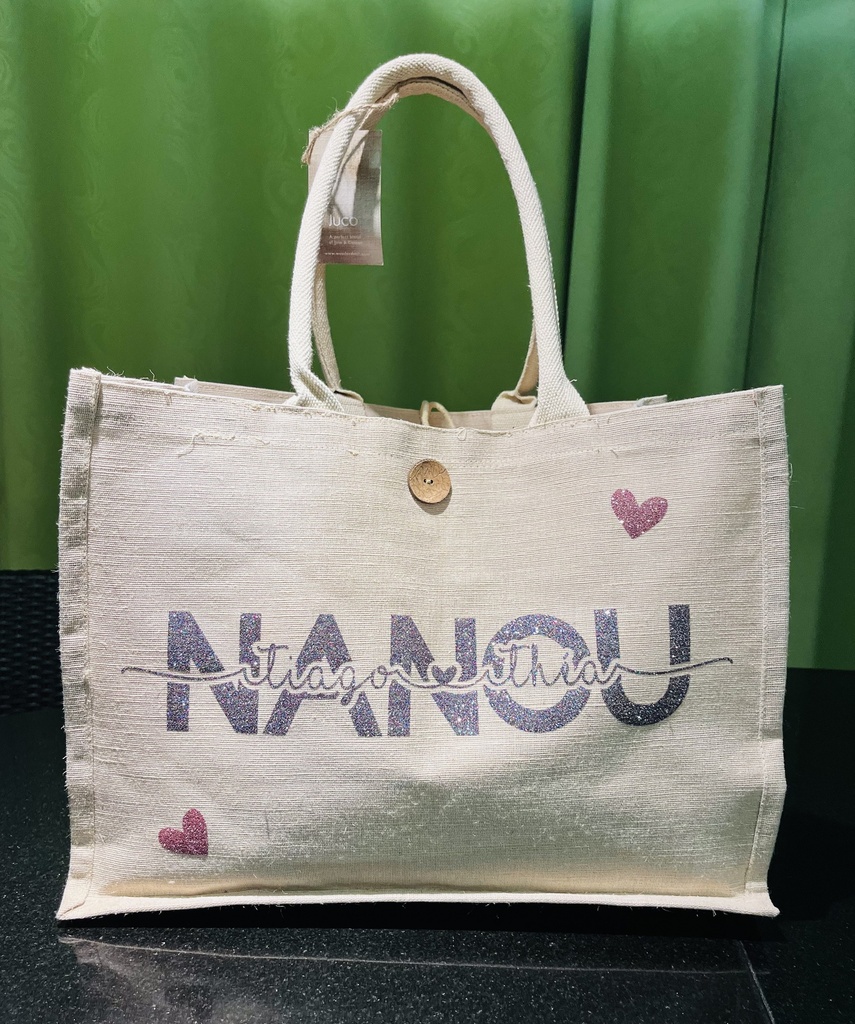 Sac en toile de jute "Nanou + Prénoms enfants "  (Grand, Rose pailletés)