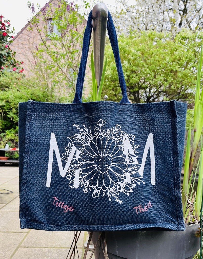Sac en toile de jute "Mom Marguerite "  (Rose pailletés)