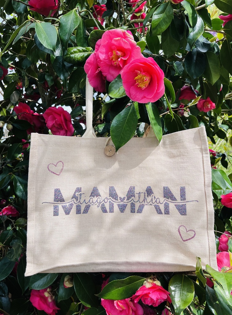 Sac en toile de jute "Maman + Prénoms enfants "   (Grand, Rose pailletés)