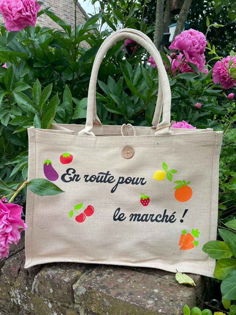 Sac en toile de jute "En route pour le marché" (Petit : 26x22x14cm)