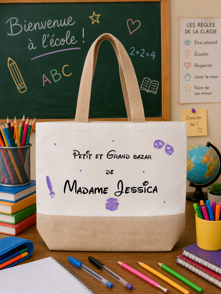 Sac en tissu/jute "Petit et grand bazar de Madame ..." Violet