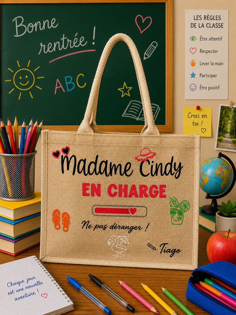 Sac en toile de jute "Madame ... en charge"