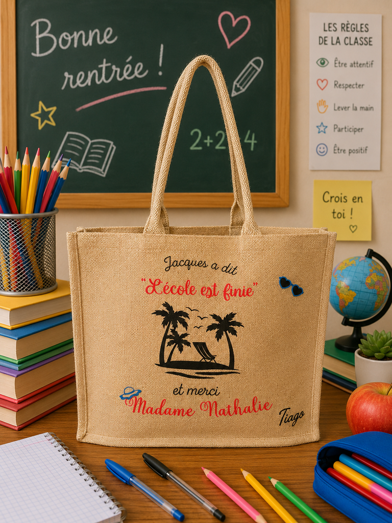 Sac en toile de jute "L'école est finie ..."