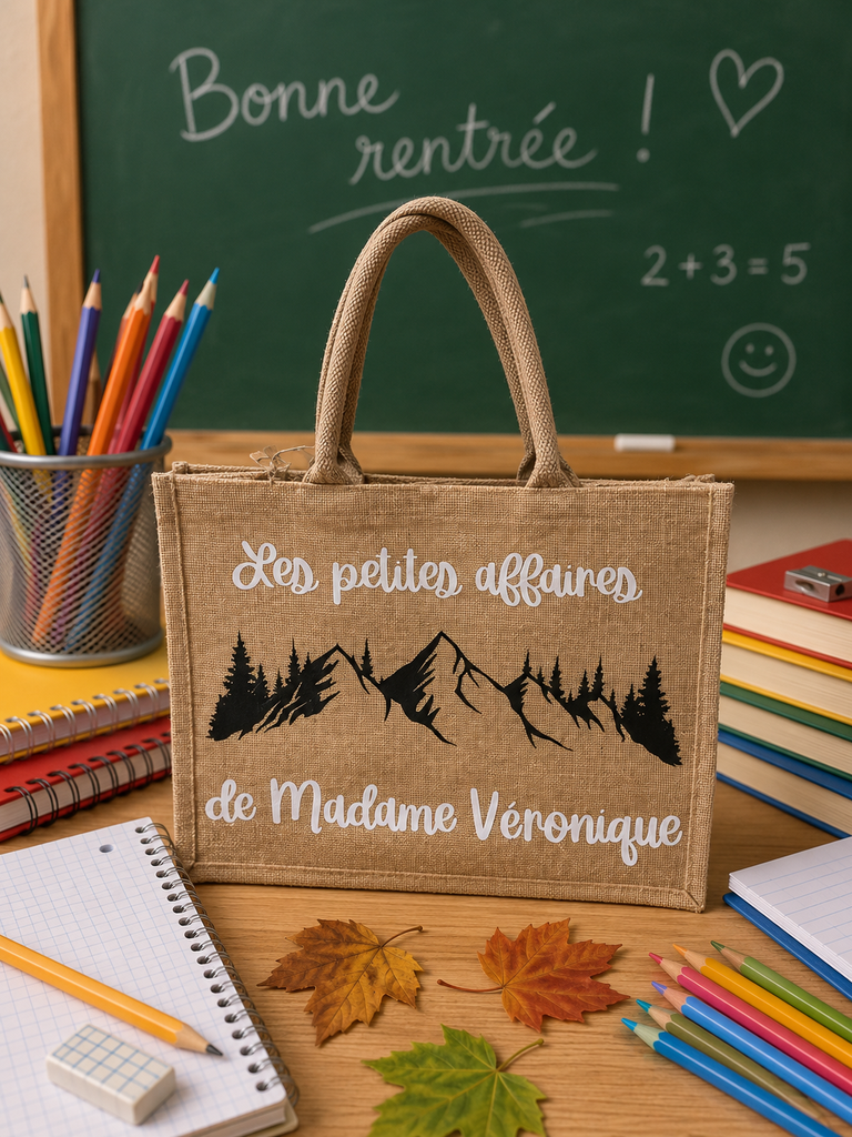 Sac en toile de jute "Les petites affaires de ..."   (Petit : 26x22x14cm)