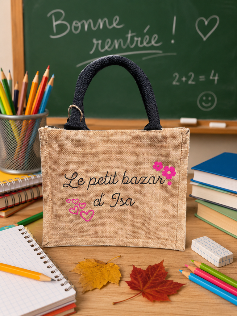 Sac en toile de jute "Le petit bazar de ..."    (Petit : 26x22x14cm)