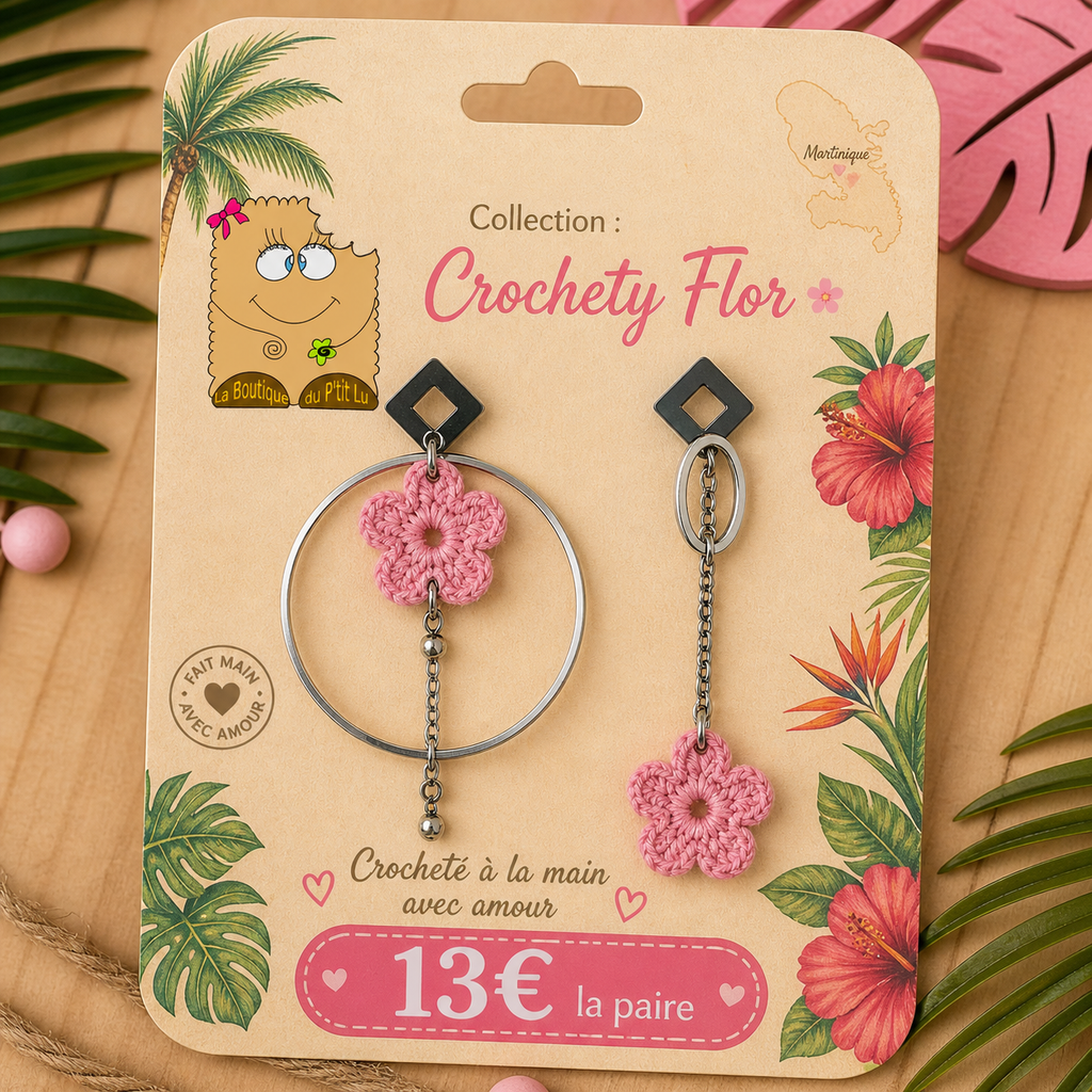 Boucles d'oreilles asymétriques *Crochety Flor* rose claire