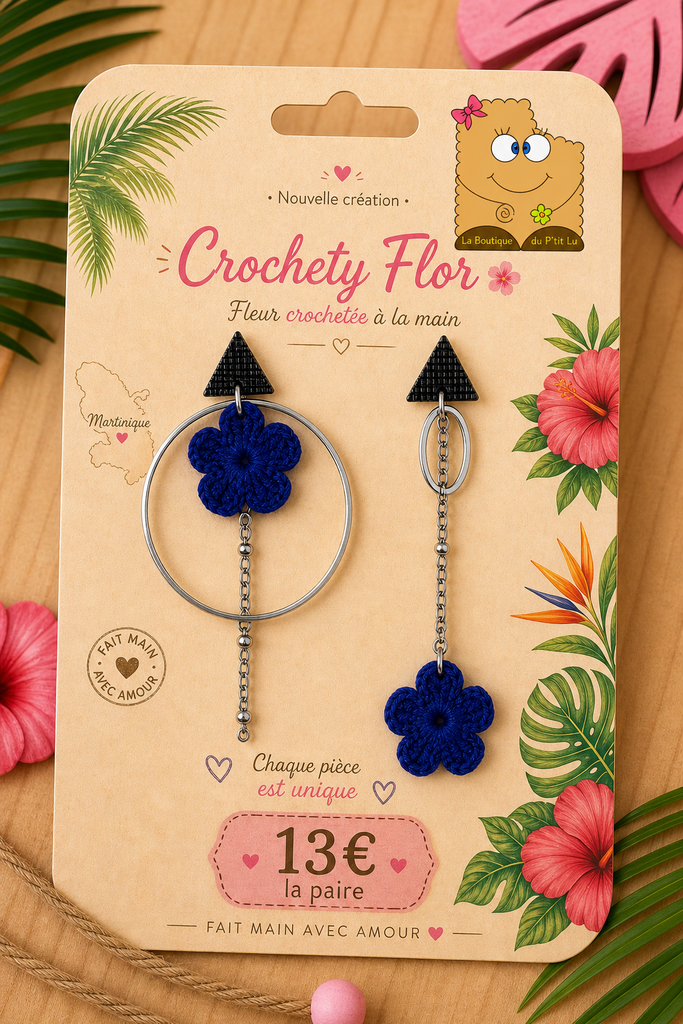 Boucles d'oreilles asymétriques *Crochety Flor* bleu marine