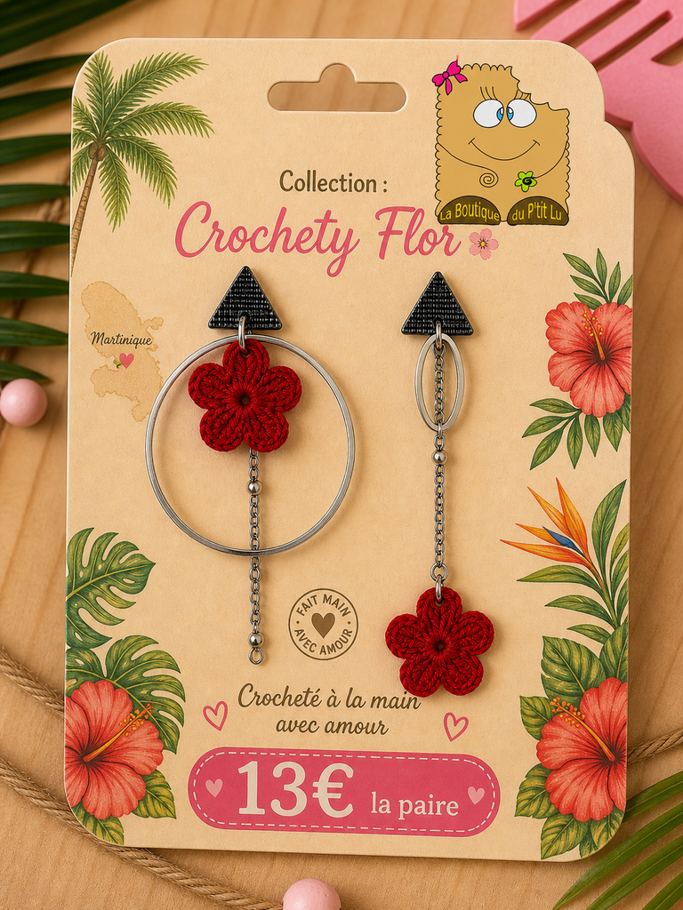 Boucles d'oreilles asymétriques *Crochety Flor* rouges