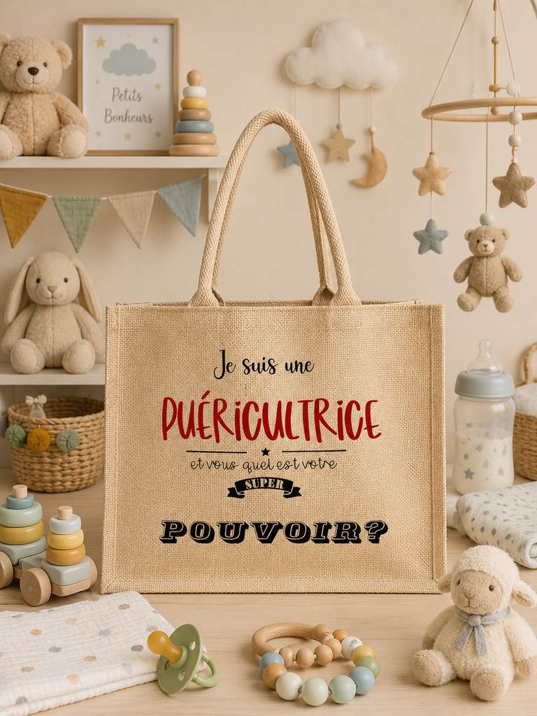 Sac en toile de jute "Super Pouvoir "  (Grand, Rose pailletés)