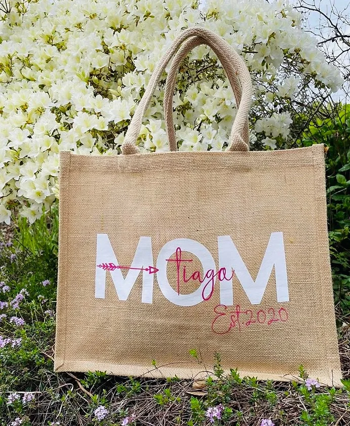 Sac en toile de jute "Mom est... "  (Petit : 26x22x14cm, Rose pailletés)