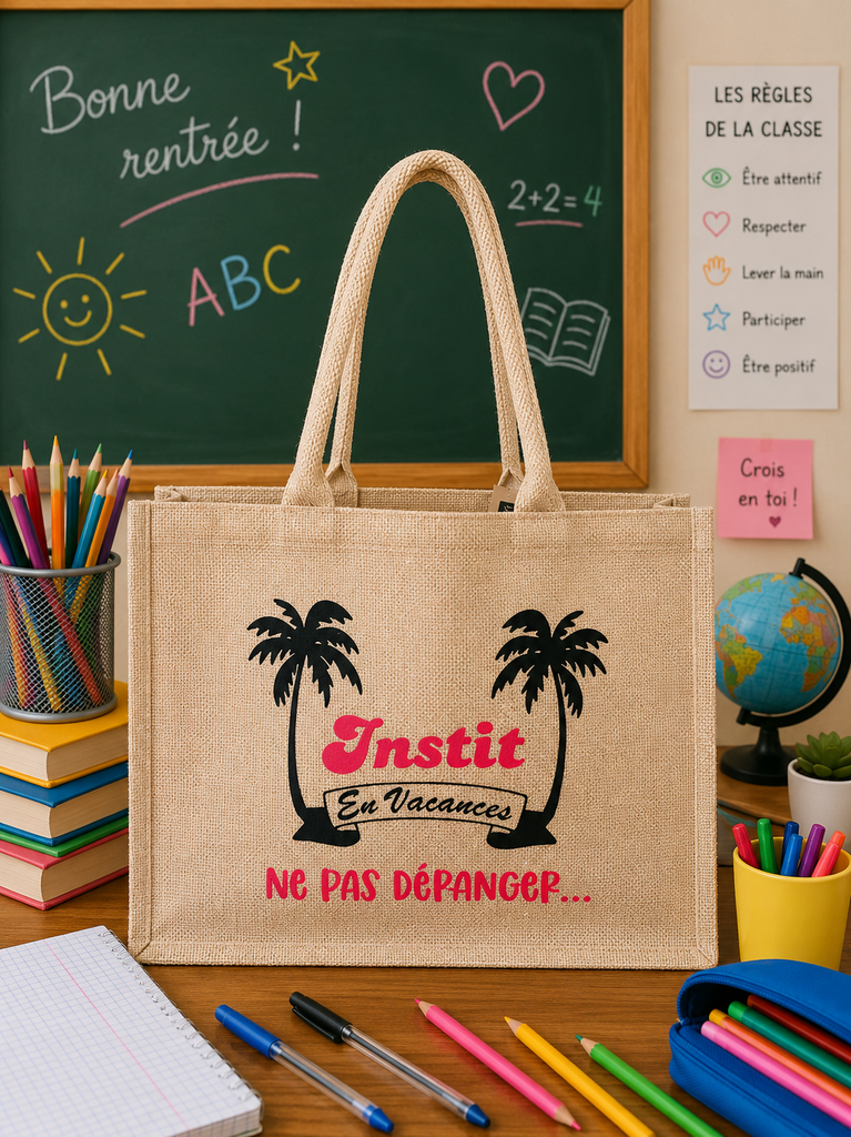 Sac en toile de jute "... En Vacances " (Petit : 26x22x14cm, Rose pailletés)