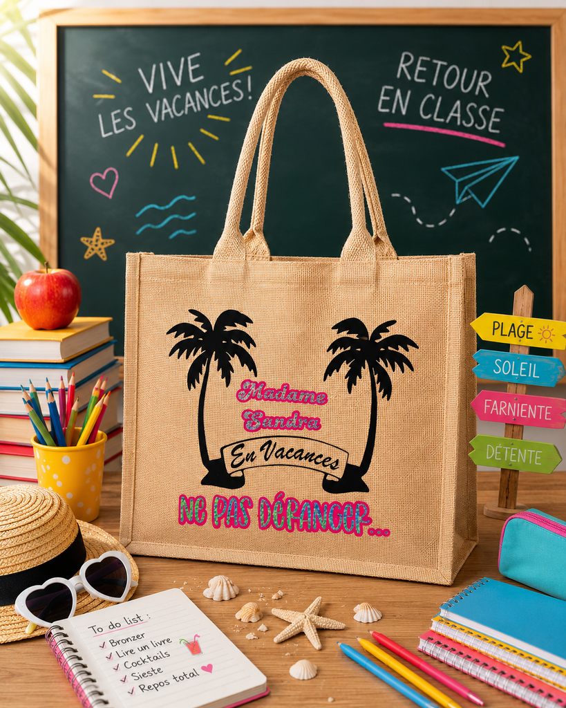 Sac en toile de jute "Madame en vacances, ne pas déranger !"   (Petit : 26x22x14cm)