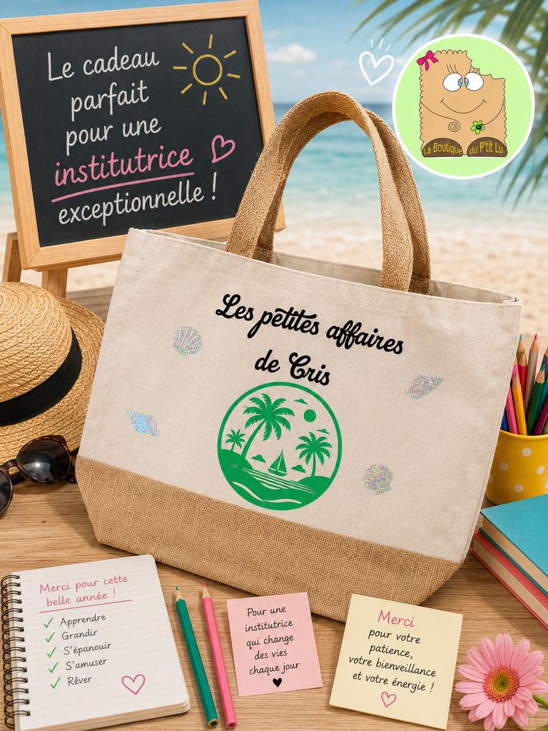 Sac en tissu/jute "Les petites affaires de ... "  (Rose pailletés)