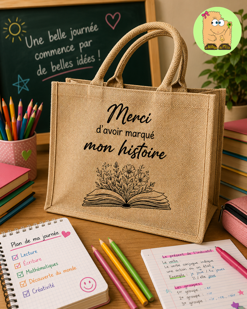 Sac en toile de jute "Merci d'avoir marqué mon histoire"  (Petit : 26x22x14cm)