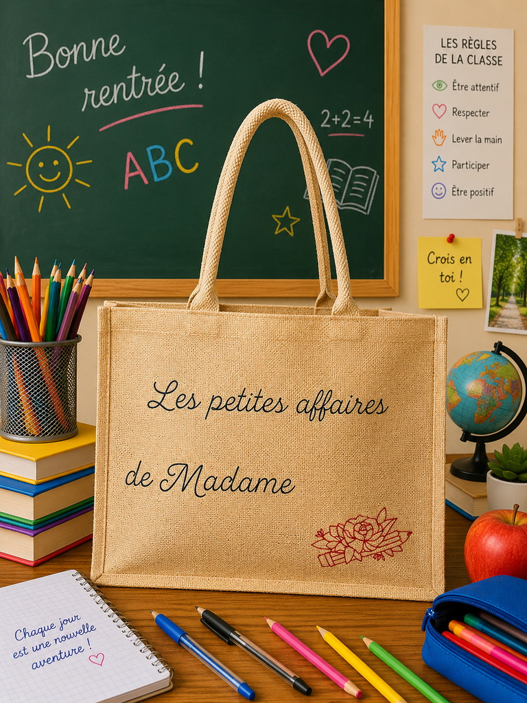 Sac en toile de jute "Les petites affaires de Mme... "   (Petit : 26x22x14cm, Rose pailletés)