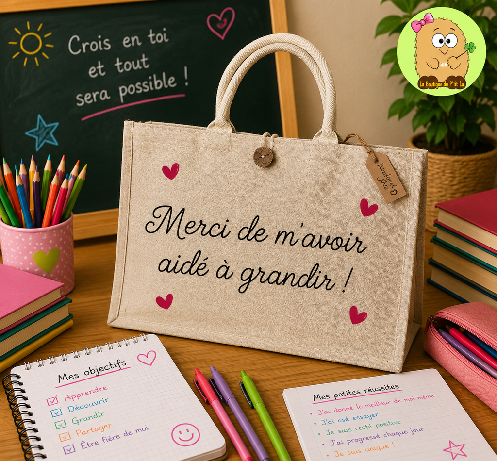 Sac en toile de jute "Merci de m'avoir aidé à grandir" (Petit : 26x22x14cm)