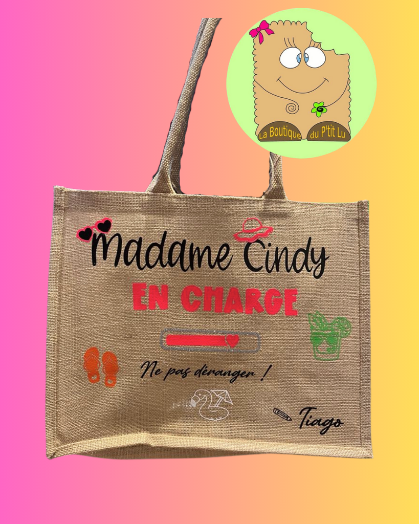 Sac en toile de jute "Madame ... en charge"
